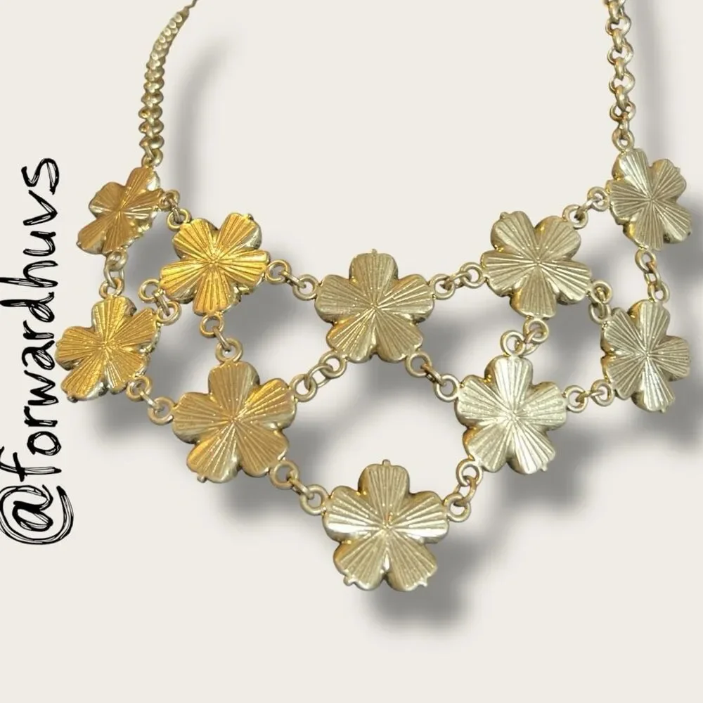 Gold Tone Floral Bib Necklace with AB Rhinestones